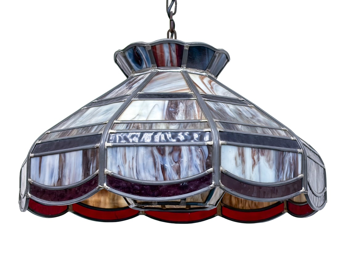 SCANDINAVIAN LEADED SLAG GLASS PENDANT LIGHT: Scandinavian, 20th century. Dimensions: H 11" x Dia 20" Condition: Wear consistent with age and use. Wiring untested. Some scuffs. Canopy included.