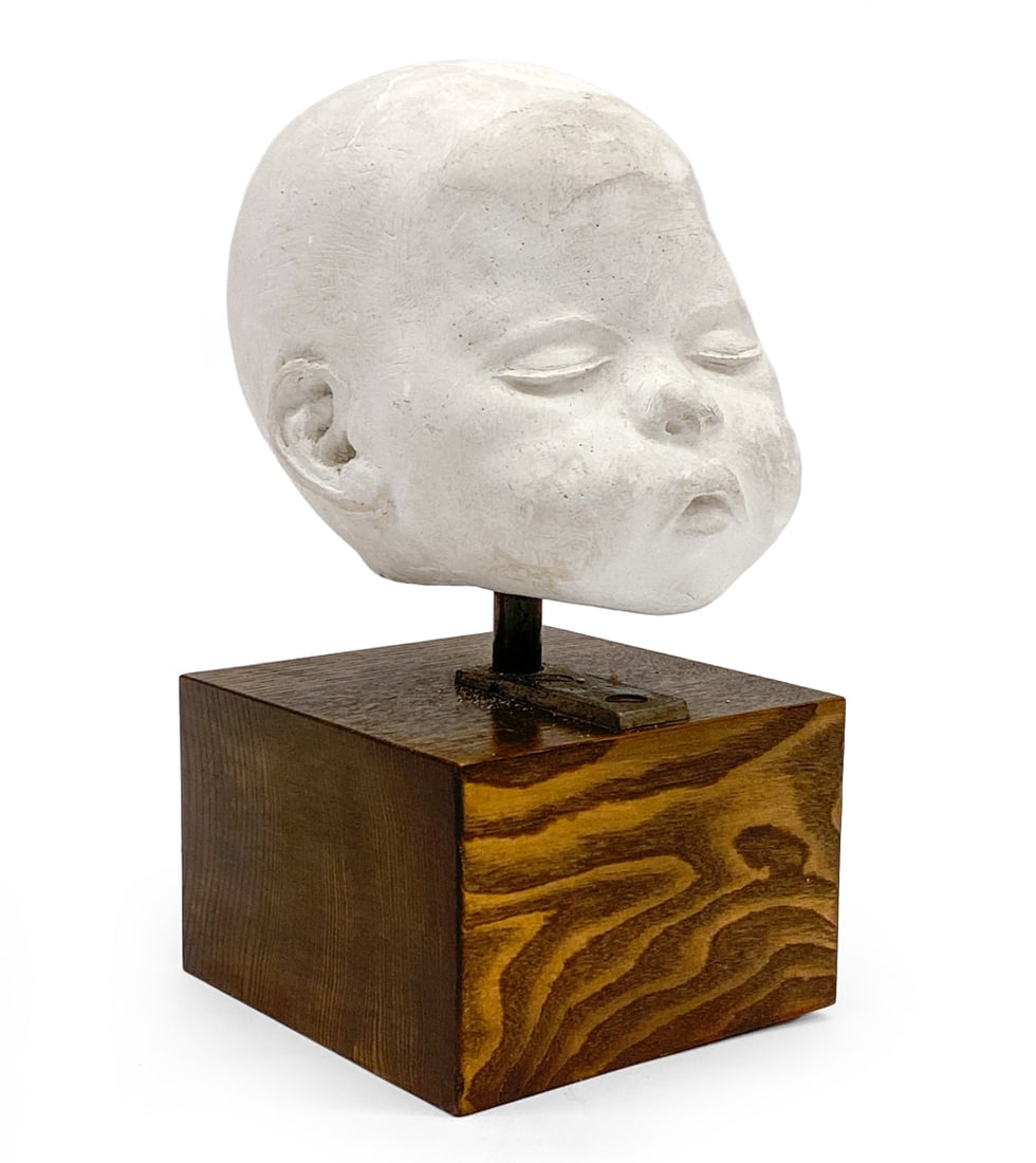 SCANDINAVIAN PLASTER BABY HEAD SCULPTURE: Dimensions: H 10" x W 6" x D 6" Condition: Wear consistent with age and use. Scuffs, rubs, fading, minor losses.