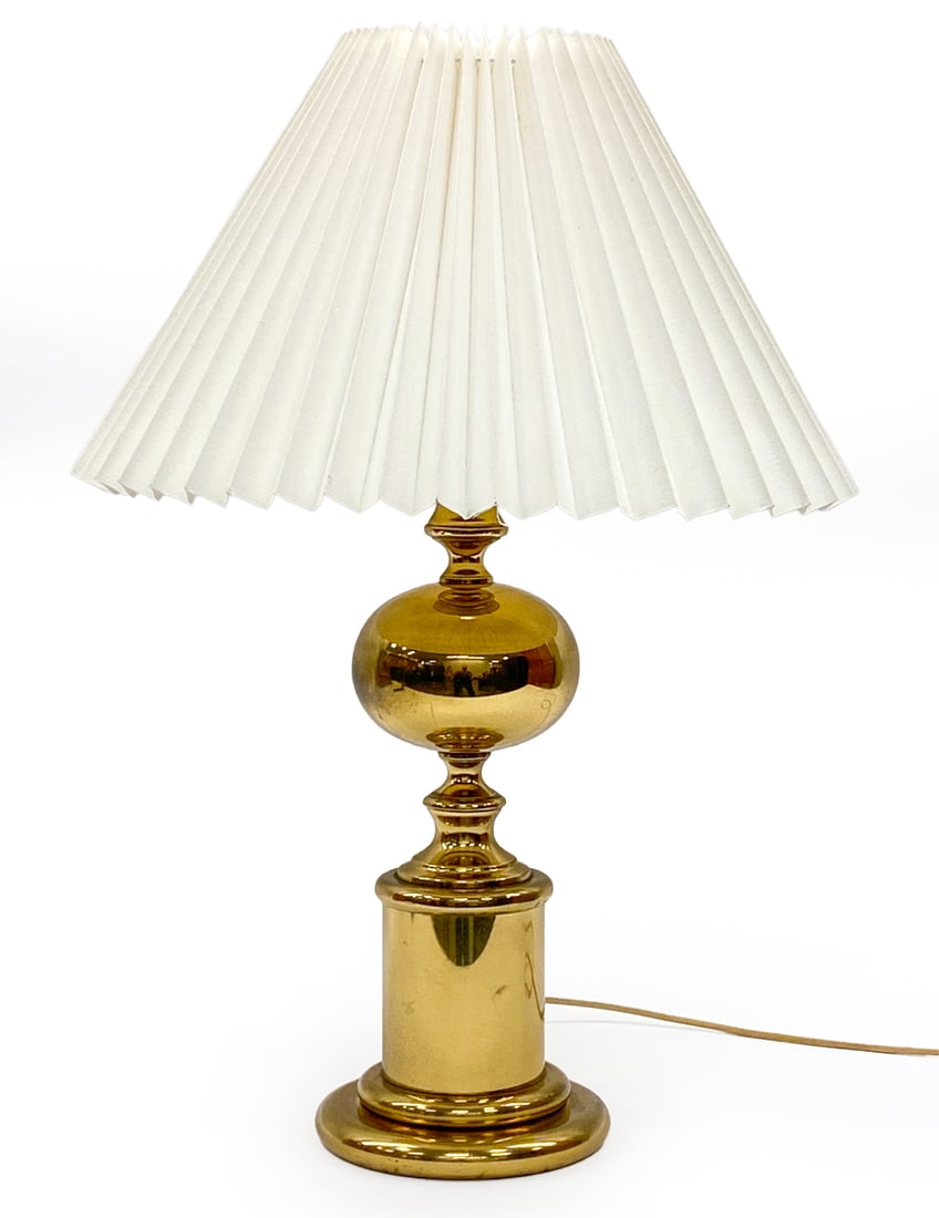 ENCO SWEDISH BRASS TABLE LAMP C. 1960S: Model NR82. Marked underneath. Pleated shade. Sweden, circa 1960s. Dimensions: H 26" x Dia 16" Condition: Wear consistent with age and use. Wiring untested, cord cut, Patina, some scuffs.