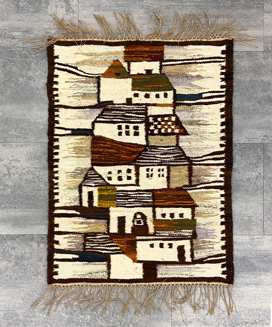 PIOTR GRABOWSKI "ZIMA" POLISH KILIM TAPESTRY: Crafted through the Cepelia Cooperative (the Polish Cooperative of Folk and Artistic Crafts). Marked to underside. Poland, circa 1970s. Dimensions: H 39" x W 24" Condition: Wear consistent with age