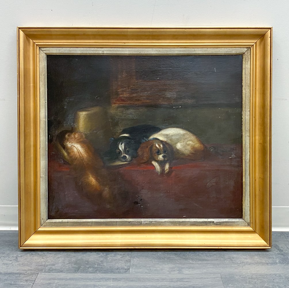 AFTER SIR EDWIN H. LANDSEER "THE CAVALIER' S PETS": Reproduction of Sir Edwin Henry Landseer's 1845 painting "The Cavalier's Pets (King Charles Spaniels)". "1875" on verso. Oil on board. Dimensions: (Frame) H 33" x W 37" (Canvas) H 24.75" x W 29" Condi