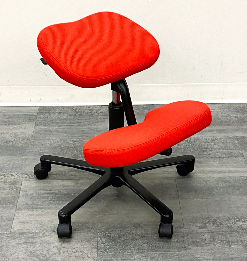PETER OPSVIK FOR HAG "BALANS VITAL" KNEELING CHAIR: Red upholstered cushions and black metal base. Marked underneath. Norway, 20th century. Dimensions: H 25" x W 19" x D 20" x SH 16" Condition: Wear consistent with age and use. Scuffs to base. Very lig