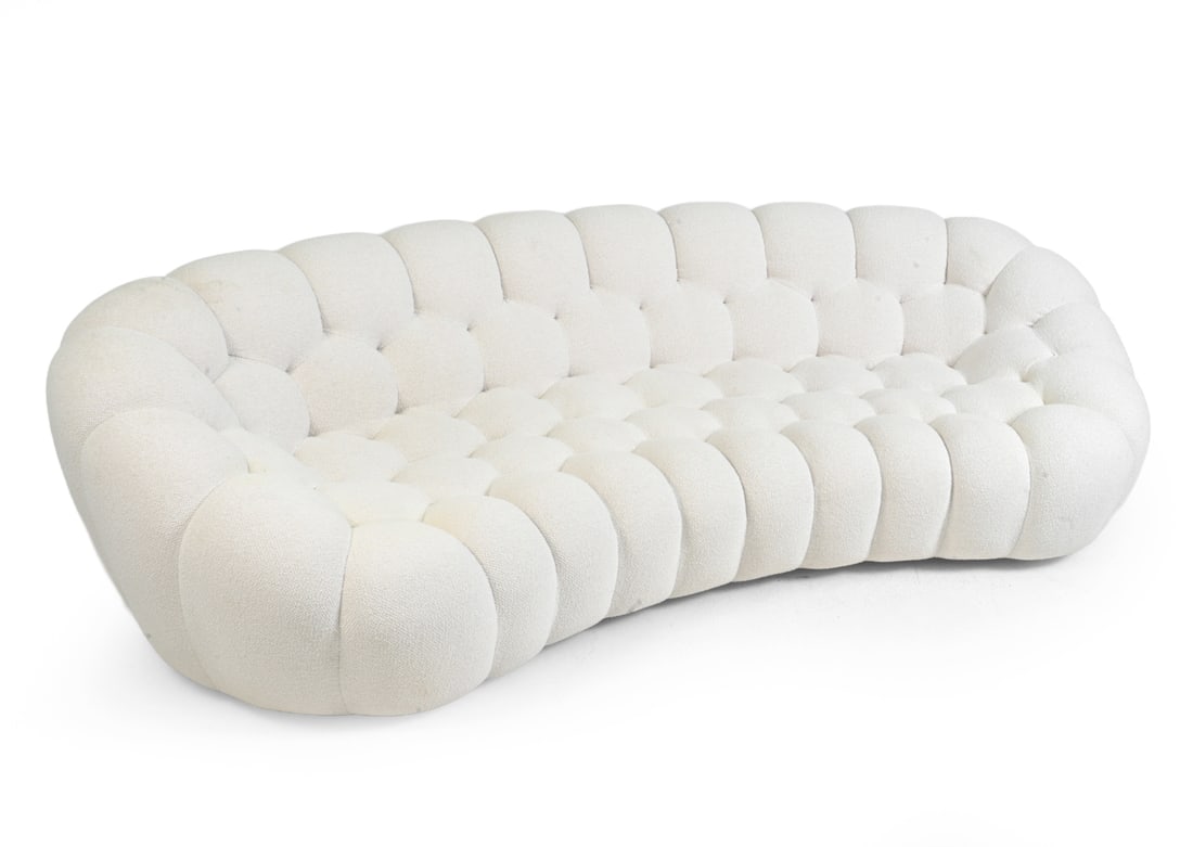 ROCHE BOBOIS BUBBLE BOUCLE SOFA: White boucle Bubble sofa by Roche Bobois. Curved. Seats 3-4. Marked to bottom. Dimensions: H 32" x W 112" x D 41" x SH 15" Condition: Wear consistent with age and use.