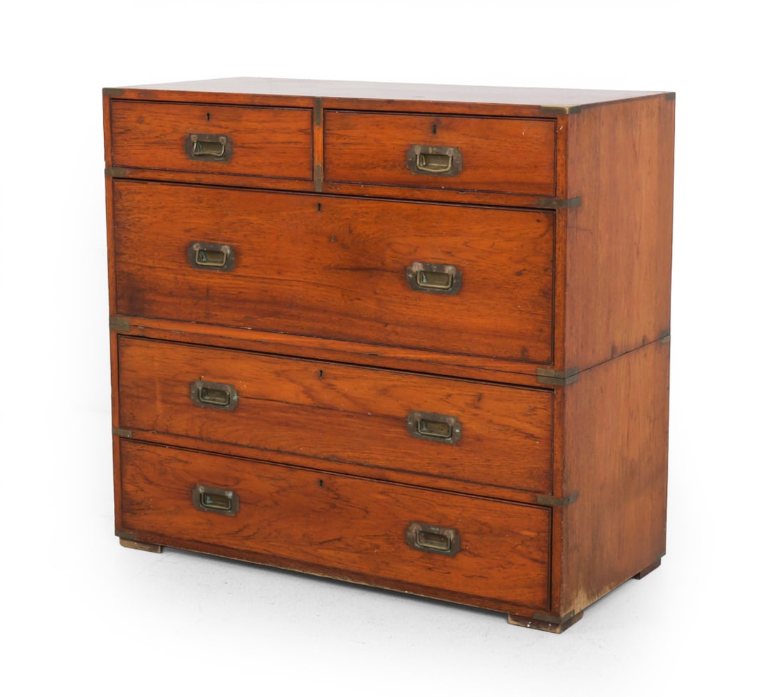 ARMY & NAVY CSL 19TH C. MAHOGANY CAMPAIGN CHEST: Includes working keys. Rare. Army & Navy C.S.L Makers stamp. Top section, (2) drawers over (1) drawer, over (2) drawer bottom section, campaign hardware. from a New Canaan CT estate. Dimensions: H 37"