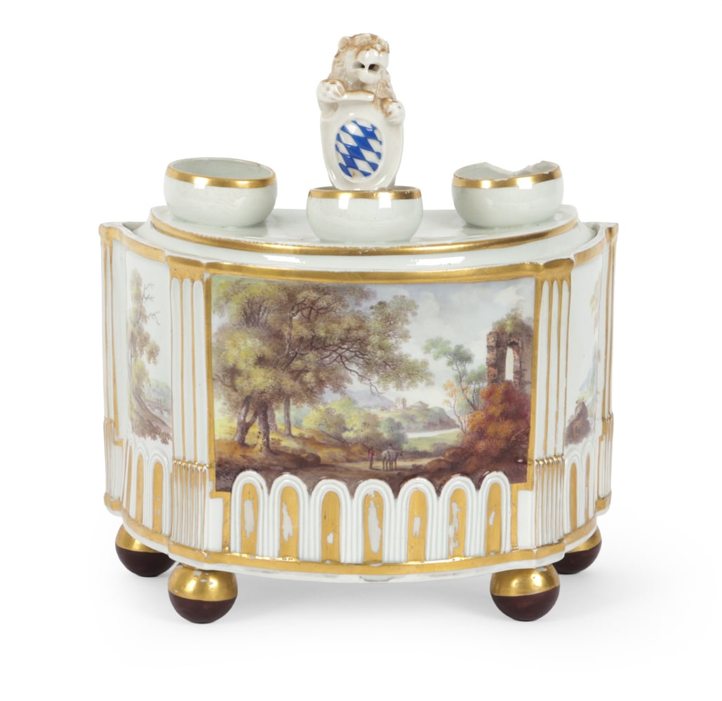 19TH C. ENGLISH PORCELAIN BOUGH POT: Semi circular bough pot. Features painted landscape scene and lion with shield. 19th century. Dimensions: H 9.5" x W 8.75" x D 5" Condition: Cracks, chips and losses to ceramic and finish. Wear consis
