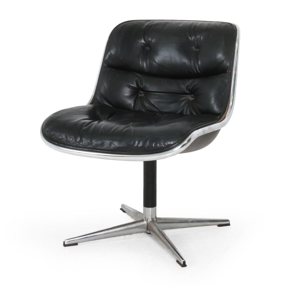 CHARLES POLLOCK FOR KNOLL LEATHER & CHROME CHAIR: Tubular chrome and tufted leather swivel chair designed by Charles Pollock for Knoll. Marked to bottom. Circa 1960s. Dimensions: H 30.5" x W 24" x D 26" x SH 19" Condition: Watermarks, soiling, tears 
