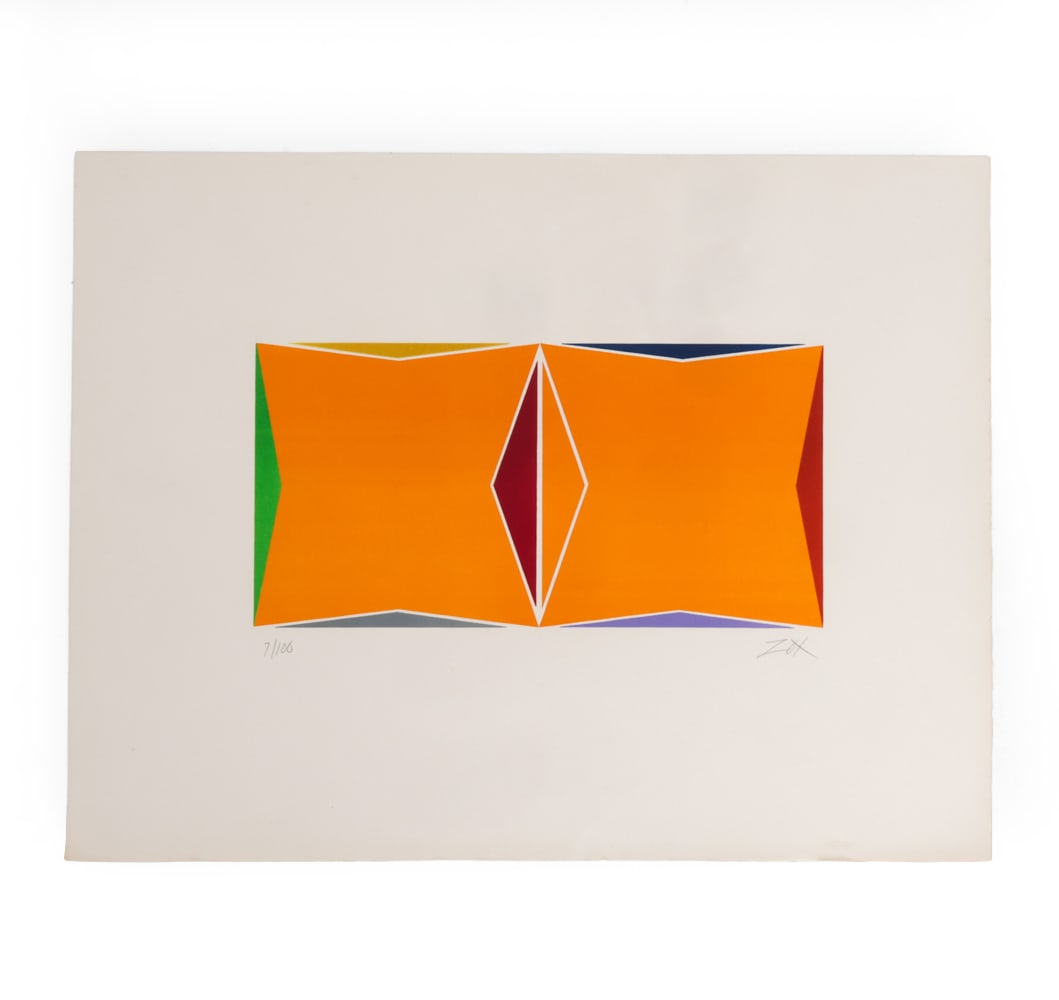 LARRY ZOX (1937-2006) ASBTRACT SILKSCREEN: From the "Abstraction II" series. Signed, numbered 7/100 lower margin. Dimensions: H 26" x W 20" Condition: Scuffs to paper. Wear consistent with age.