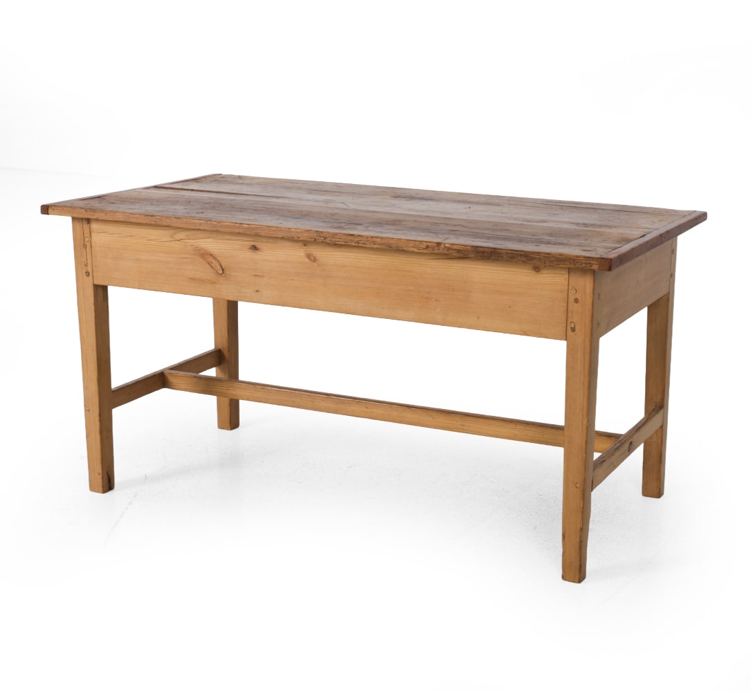 ANTIQUE 19TH C. PINE FARMHOUSE TABLE: Pine with H-stretcher base. 19th century. Dimensions: H 24" x W 46" x D 24" Condition: Scuffs, scratches, wear consistent with age and use.
