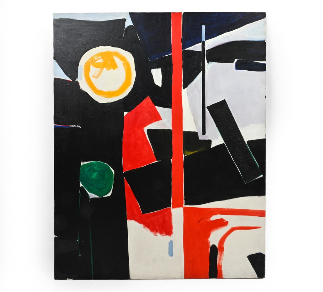 JACQUES NESTLE (FRENCH, 1907-1991) ABSTRACT O/C: Abstract oil painting on canvas by Jacques Nestle. Features vibrant colors against strong, architectural black tones."JN" and "No 26" marked to back. Dimensions: H 36.25" x W 29" Condition: Paint