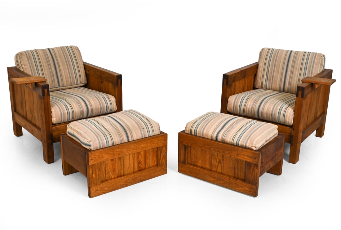 PAIR BRUTALIST STYLE PINE CHAIRS & OTTOMANS (1 of 19)