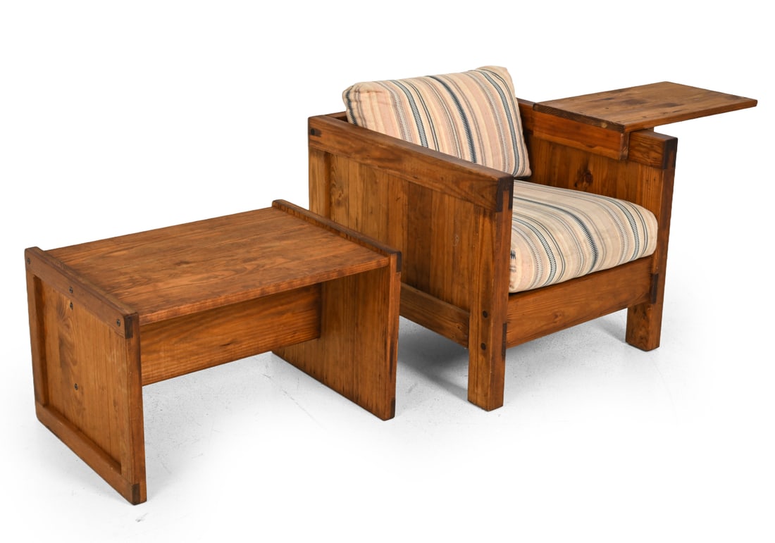 BRUTALIST STYLE PINE CHAIR & SIDE TABLE: Pine chair with detachable arm rest and side table. Chair has two cushions. 1970s. Dimensions: H 25'' x W 47.5'' x D 31.75'' x SH 17''- With armrest. H 25'' x W 27.25'' x D 31.75'' x SH 17''- Without 