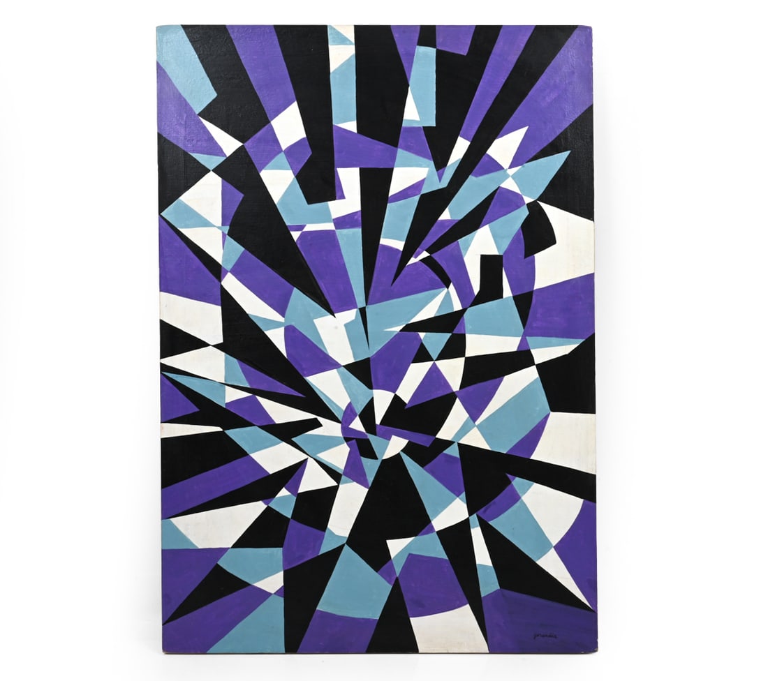 HELEN GERARDIA (1903-1988) ABSTRACT OIL ON CANVAS: Geometric abstraction using kaleidoscopic layout. Signed lower right. Oil on canvas. H 36.25''x W 25'' Condition: Wear consistent to age. Some light rubs, minor soiling spots.