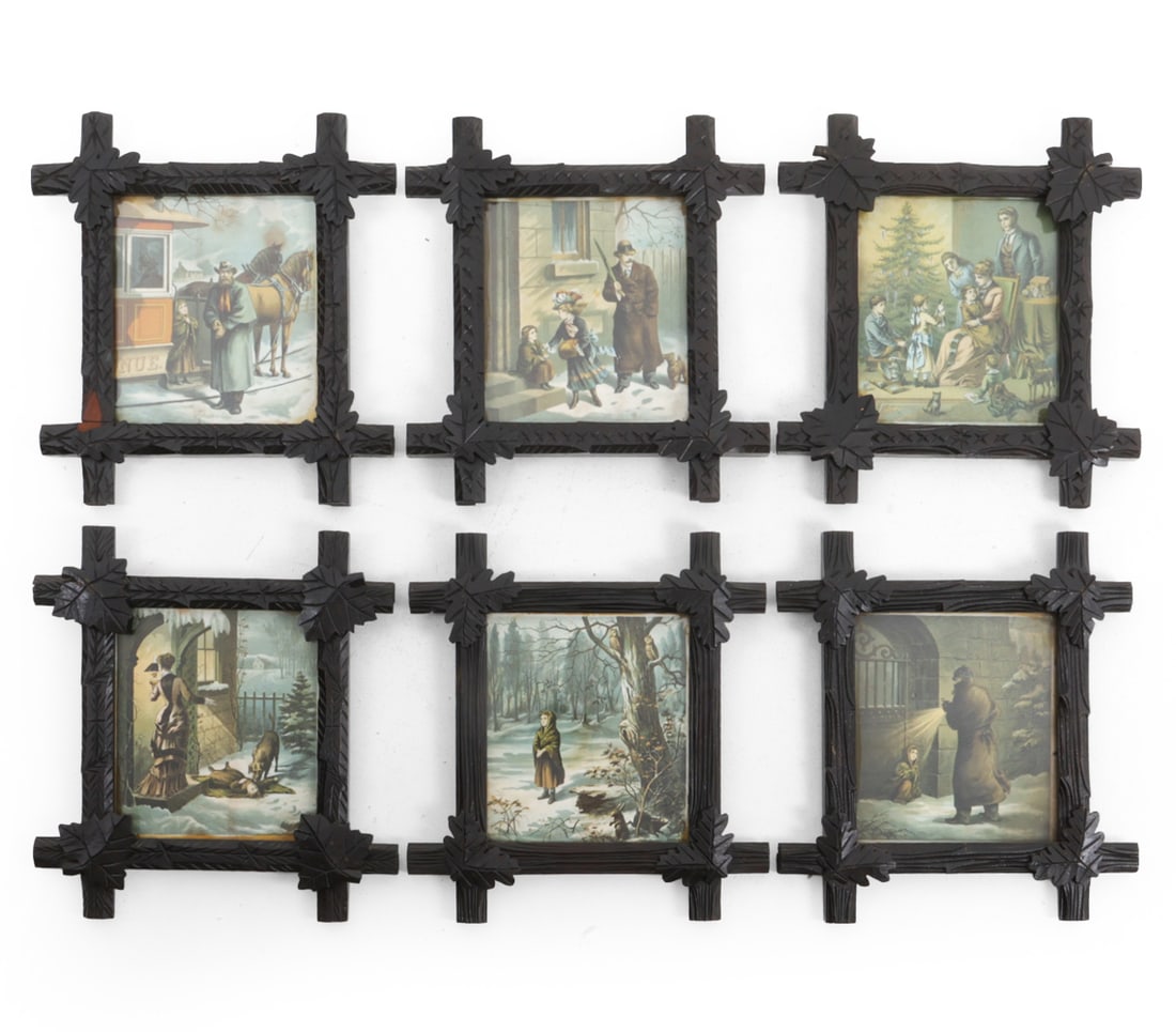 GROUPING OF BLACK FOREST FRAMED VICTORIAN PRINTS: (6) Total. Includes images depicting a story of a girl in a plaid shawl finding her way through different situations. Black forest style frames with decorative leaves and carvings. 19th century. Dimen