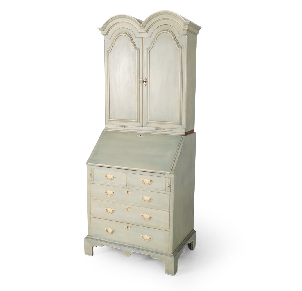 ANTIQUE PAINT DECORATED DANISH SECRETARY CABINET: Early 20th century Antique secretary, Made in an 18th century style in two sections. Hand-painted in a pale teal finish with warm undertones. Features a tall, double camel hump form bookcase with doub