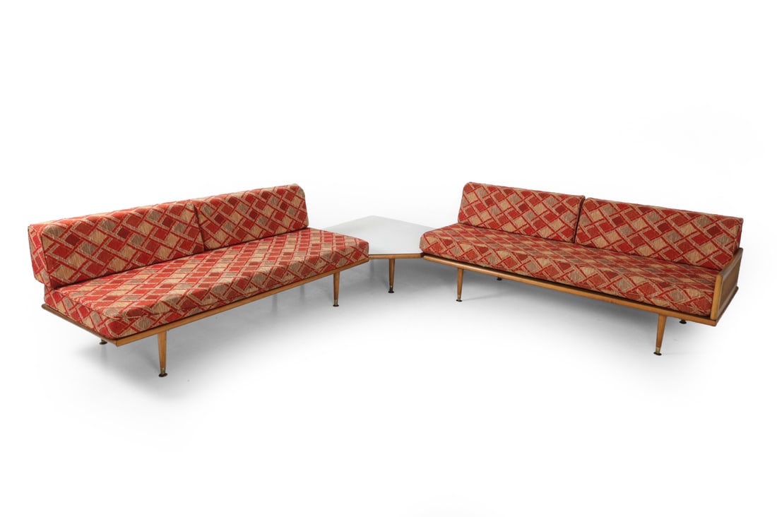 MID-CENTURY SECTIONAL SOFA SUITE: Two piece American mid century modern modular sectional sofa by the Kingsley Manufacturing Company. Includes a polygonal corner table. Dimensions: H 29.5" x W 75" x D 32" x SH 18" (Table) H 13" x W 41