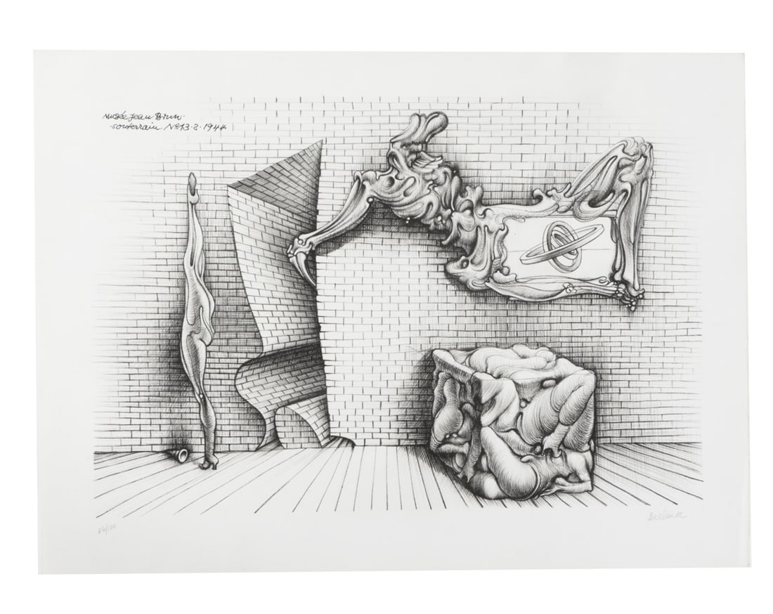 HANS BELLMER (1902-1975) SURREALIST LITHOGRAPH: Finely cross-hatched lithograph. Depicts bizarre disassembled anatomical forms in a vaulted brick background. Titled "Souterrain", number 13, and dated 13/8/1944 on top left hand corner. Signed on