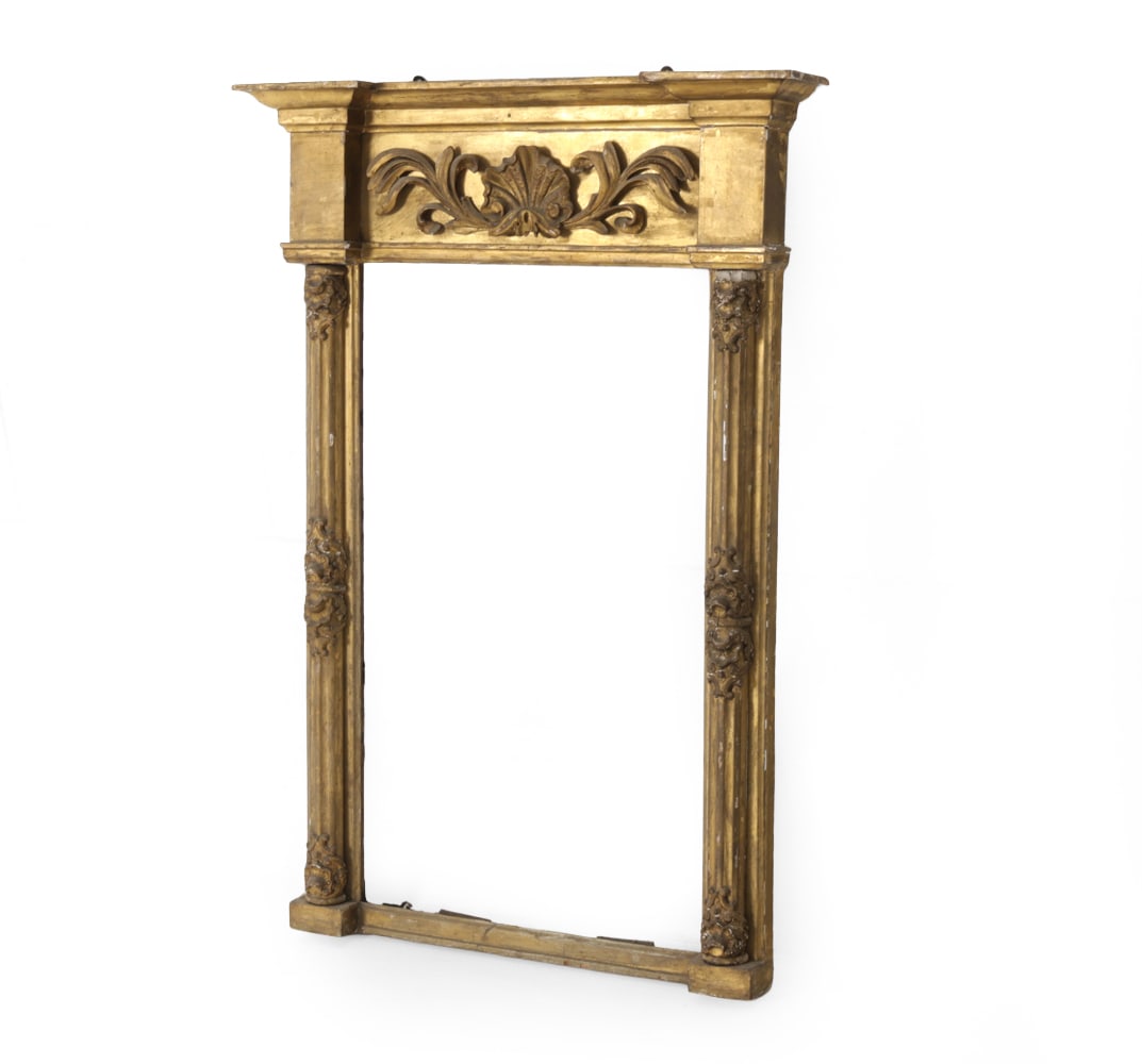 19TH C. GREEK REVIVAL GILTWOOD MIRROR FRAME: Antique gilt pier wall mirror frame. Carved wood with gold gilt. Carved shell design in frieze. Decorated fluted columns. 19th century. Dimensions: H 39.5" x W 28" x D 4.5" Condition: Mirror