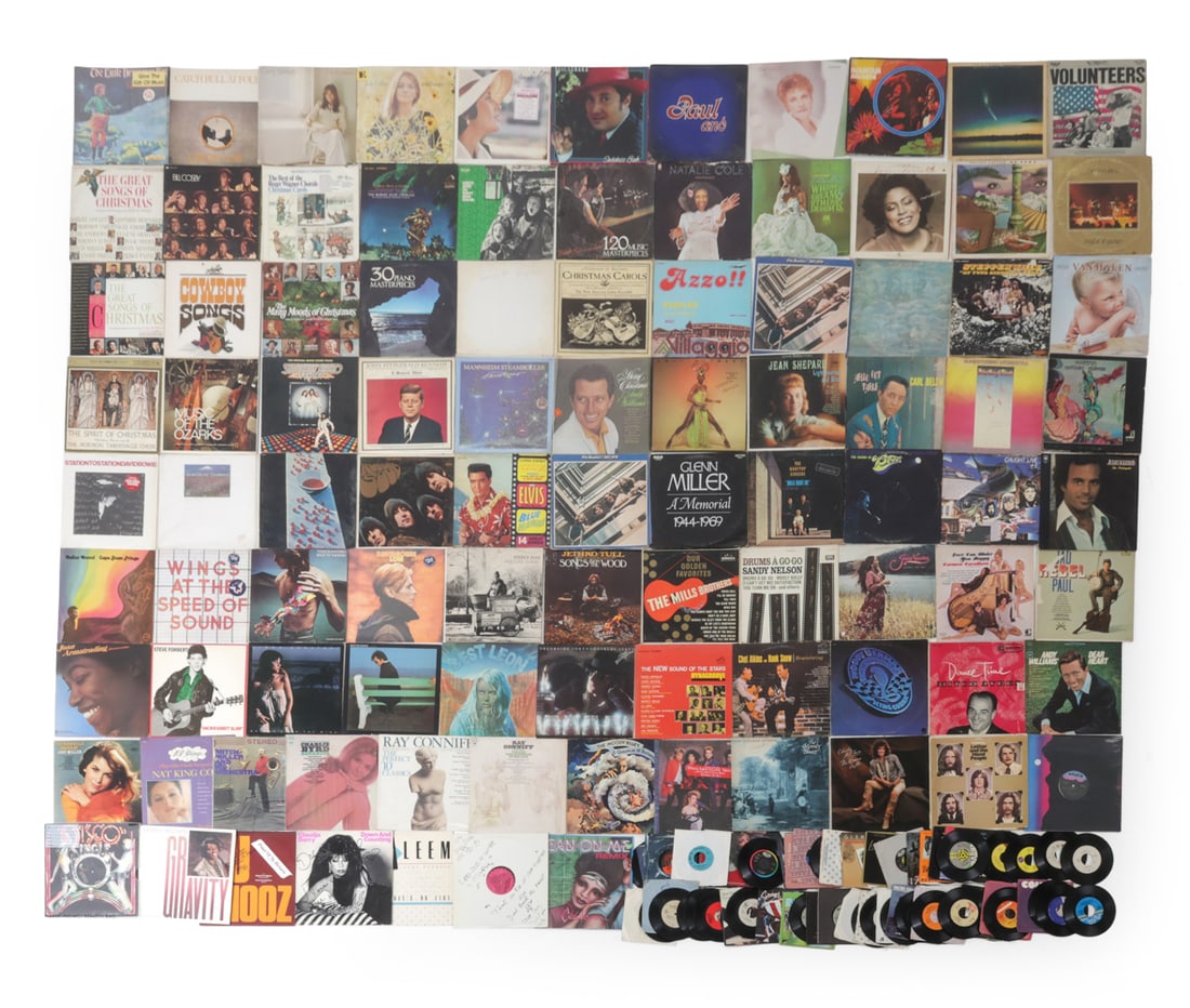 VINTAGE RECORDS GROUPING: Various records, some in original plastic. Mid-to-late 20th century. Dimensions: Dia 12 ? Dia 7" Condition: Discoloration, scuffs, and wear of finish. Wear consistent with age and use. Not tested on
