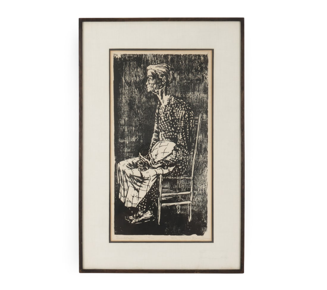 FRANCIS BESNER NEWMAN (1917-2011) WOODCUT PRINT: Signed, titled "Sundown", dated "1/29/60", numbered 9/25 lower margin. Woodcut print on paper. Dimensions: (Frame) H 25.5" x W 16.5" (Sight) H 19" x W 10" Condition: Not examined out of frame.