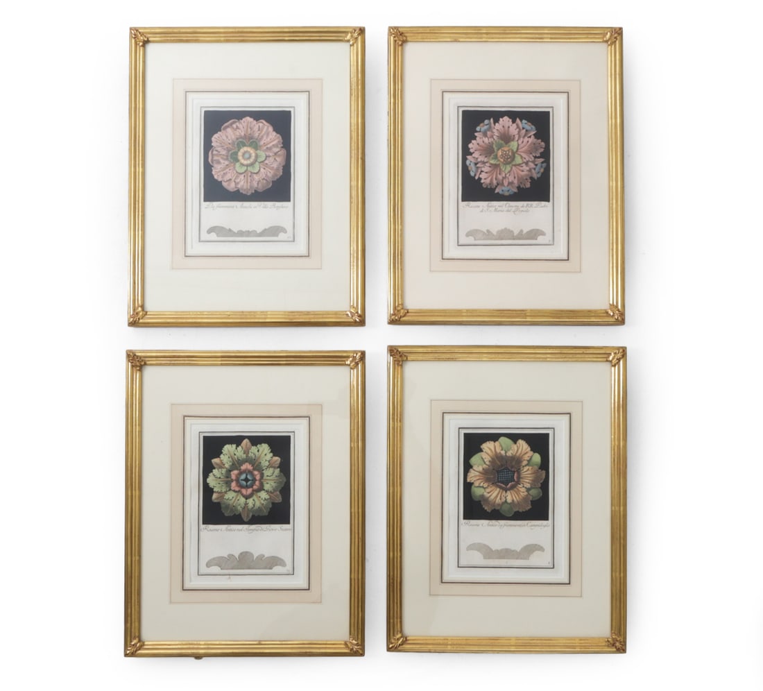 AFTER CARLO ANTONINI (ITALIAN, 1740-1821) PRINTS: (4) Framed reproduction prints. Includes prints of rosettes from Villa Borghese, Padri di S. Maria del Popolo, Tempio di Giove Statore, and Campidoglio. Framed under glass. Some items marked on front