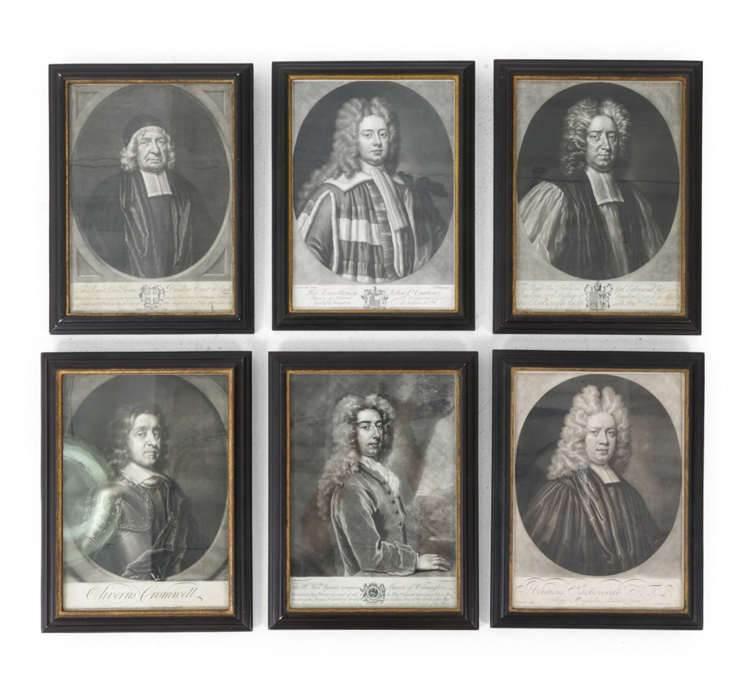GROUPING MEZZOTINT PORTRAITS INCL. JAMES DAILLON: (6) Total. Includes Oliverus Cromnelle, James Daillon and other 18th century British Gentlemen. Mezzotints. Dimensions: H 16.8? x W 13.5? Condition: Not examined outside of frame. Scuffs and scratches