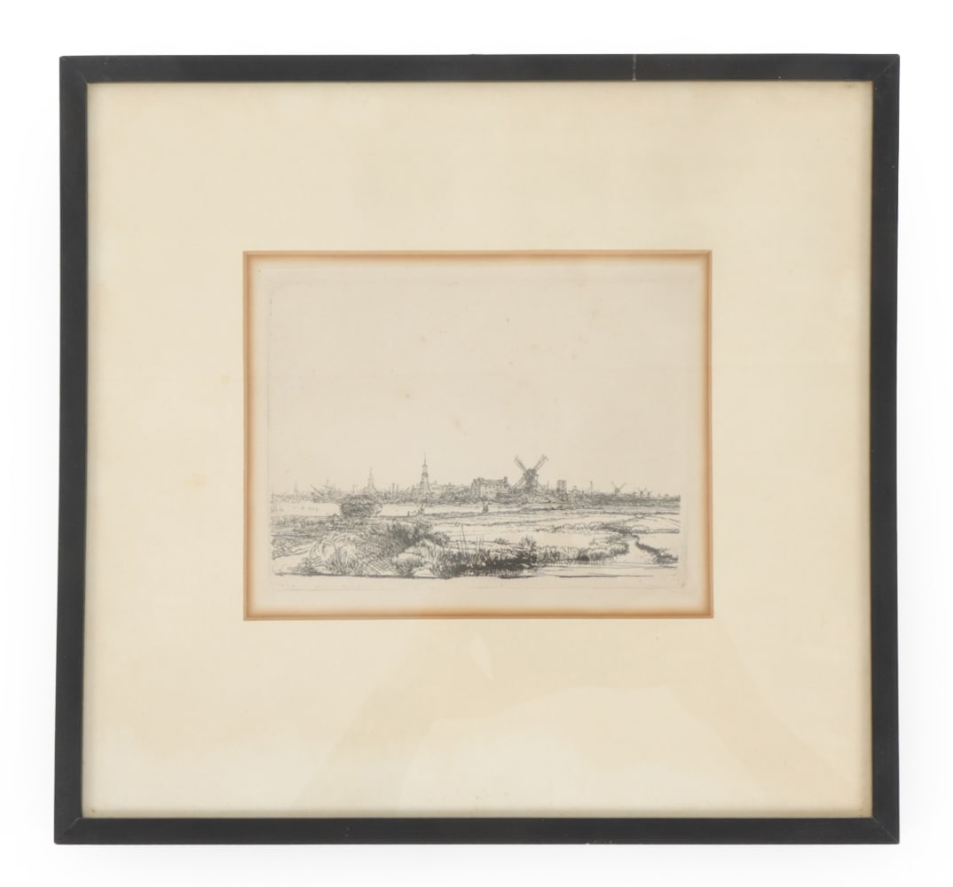 AFTER REMBRANDT "VIEW OF AMSTERDAM" PRINT: Antique reproduction. Circa 19th century. Dimensions: (Frame) H 11.25" x W 12" (Sight) H 5.25" x W 6.75" Condition: Wear consistent with age. Toning, minor soiling spots to surface. Scuffs to frame.