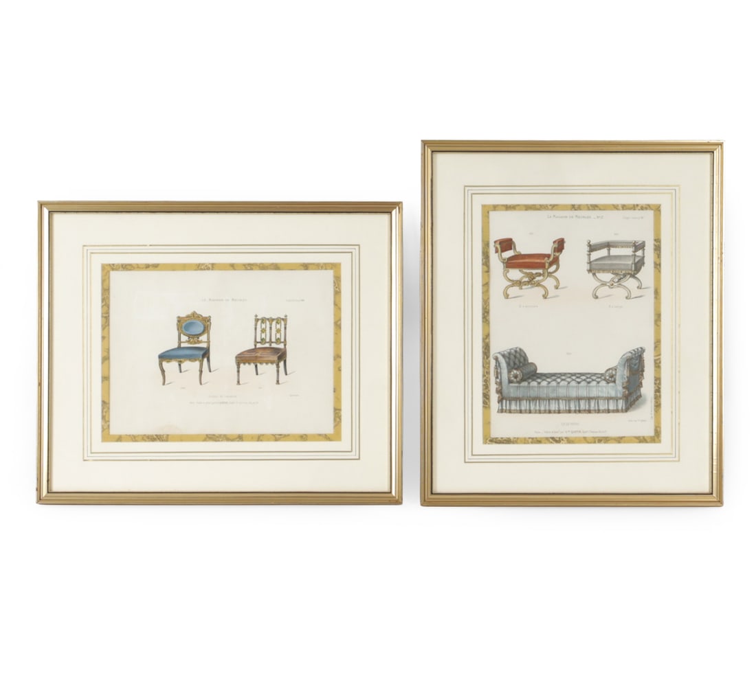 FRENCH NEOCLASSICAL FURNITURE DESIGN LITHOGRAPHS: (2) Total. Includes "Le Magasin de Meubles No. 17" and "Le Magasin de Meubles Chaises de Fantaisie." Colored lithograph prints. Dimensions: (Frame) H 21" x W 17.5" (Sight) H 9.3" x W 13" Condition: No