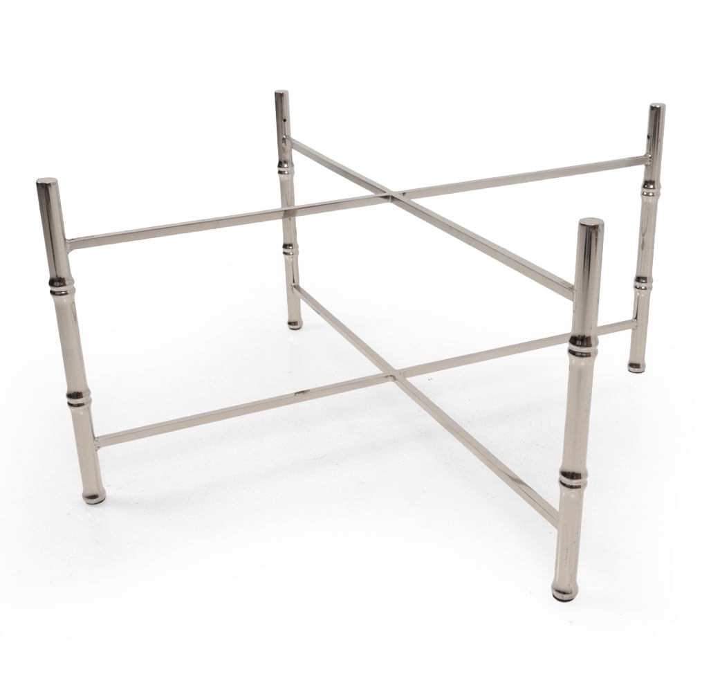 CHROME FAUX BAMBOO COFFEE TABLE BASE: Chrome plated steel table base. "X" design. Dimensions: H 17.5" x W 26" x D 25.5" Condition: Scratches to chrome. Wear consistent with age and use.