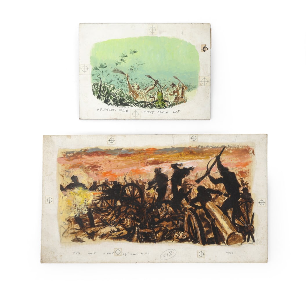 (2) ALTON TOBEY (1914-2007) OIL ON BOARD PAINTINGS: (2) U.S. History vol. 6 & vol. 5. Signed, inscribed lower margin. Oil on canvas board. Dimensions: (Largest) H 18" x W 11" Condition: Wear consistent with age. Soiling, worn corners.