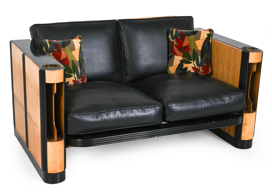 ART DECO WALNUT & LEATHER LOVESEAT SOFA C. 1930S (1 of 16)