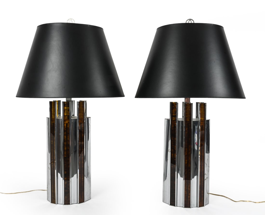 PAIR CHROME AND FAUX TORTOISE ACRYLIC TABLE LAMPS: Chrome plated steel lamp with marbled lucite slats and black shade. Dimensions: H 31" x W 19 " x D 14" Condition: Scuffs and discoloration. Wear consistent to age and use. Wiring untested.