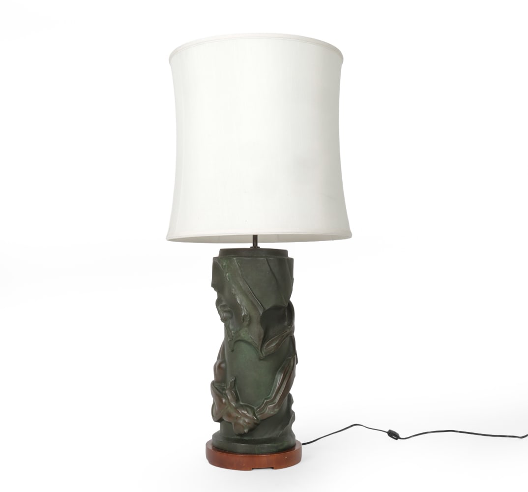 MARGARET BRASSLER KANE "THE SWIMMERS" TABLE LAMP: Bronze table lamp created in 1945 by American sculptor Margaret Brassler Kane. With wooden base. Marked to lower side of bronze. Circa 1950s. Provenance: Originally purchased at Richard Wright in 1997