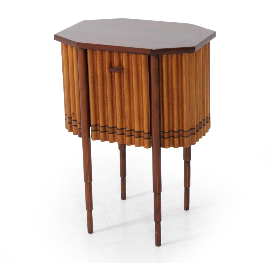 ART DECO SCALLOPED MAPLE SIDE TABLE C. 1940S: Matching chair in previous lot, Scalloped design and inlaid wood pattern, front with pull-down door. Turned tapered legs. Circa 1940s. Provenance: Originally purchased at Retro Modern in 1997. Dimensi