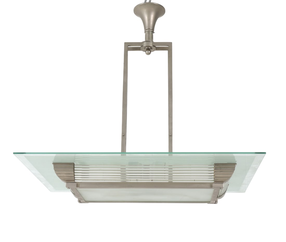 ATELIER PETITOT FRENCH GLASS CHANDELIER 1930S: Rectangular chandelier by Petitot. Nickel-plated metal with etched sandblasted glass pieces. Apparently unmarked. France, circa 1930s. Provenance: Originally purchased at LaRocco Galleries in 2003 for
