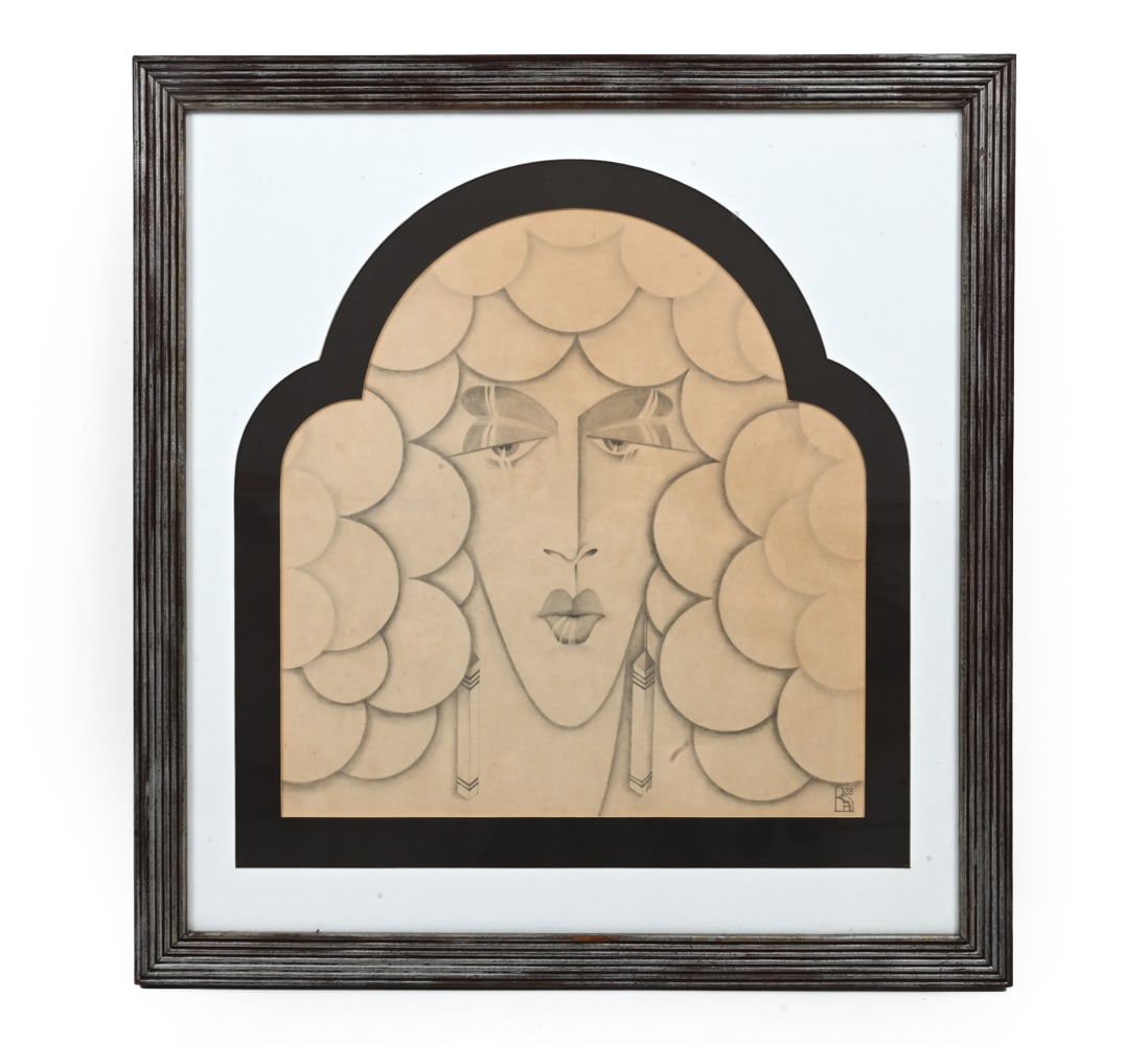 ART DECO GODDESS PENCIL DRAWING 1928: Monogram signature, dated 1928. Stylized art deco portrait of a goddess, pencil on paper. Provenance: Originally purchased at James Infante in 2004 for $750. Dimensions: (frame) H 24.25" x W 23" (draw