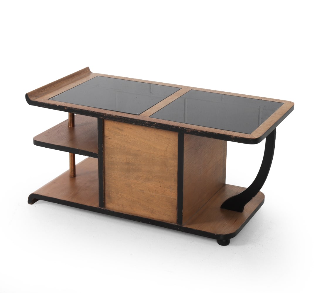 FRENCH ART DECO OAK & GLASS COFFEE TABLE: Oak veneer with black glass top, center cabinet, and side shelves with copper support pole. Cabinet has holders inside for glassware & liquor bottles. France, circa 1930s. Dimensions: H 17.5'' x W 34'