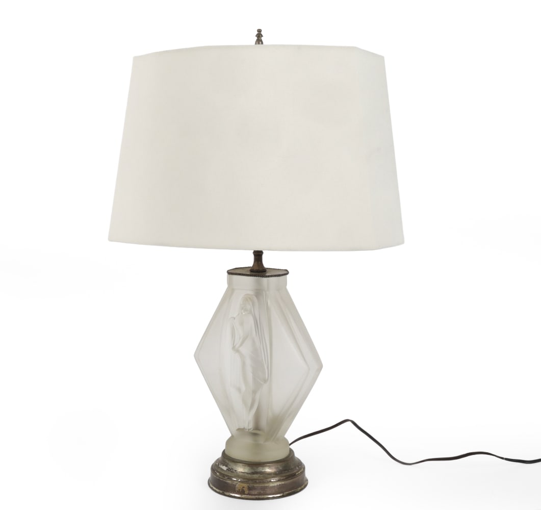 ATTR. LUCILLE SEVIN ART DECO GLASS TABLE LAMP: Attributed to Lucille Sevin for Edmond-Laurent Etling. Metal base and frosted glass with embossed female figure. Apparently unmarked. France, circa 1930s. Dimensions: (w/lampshade) H 25" x W 15.5" x D