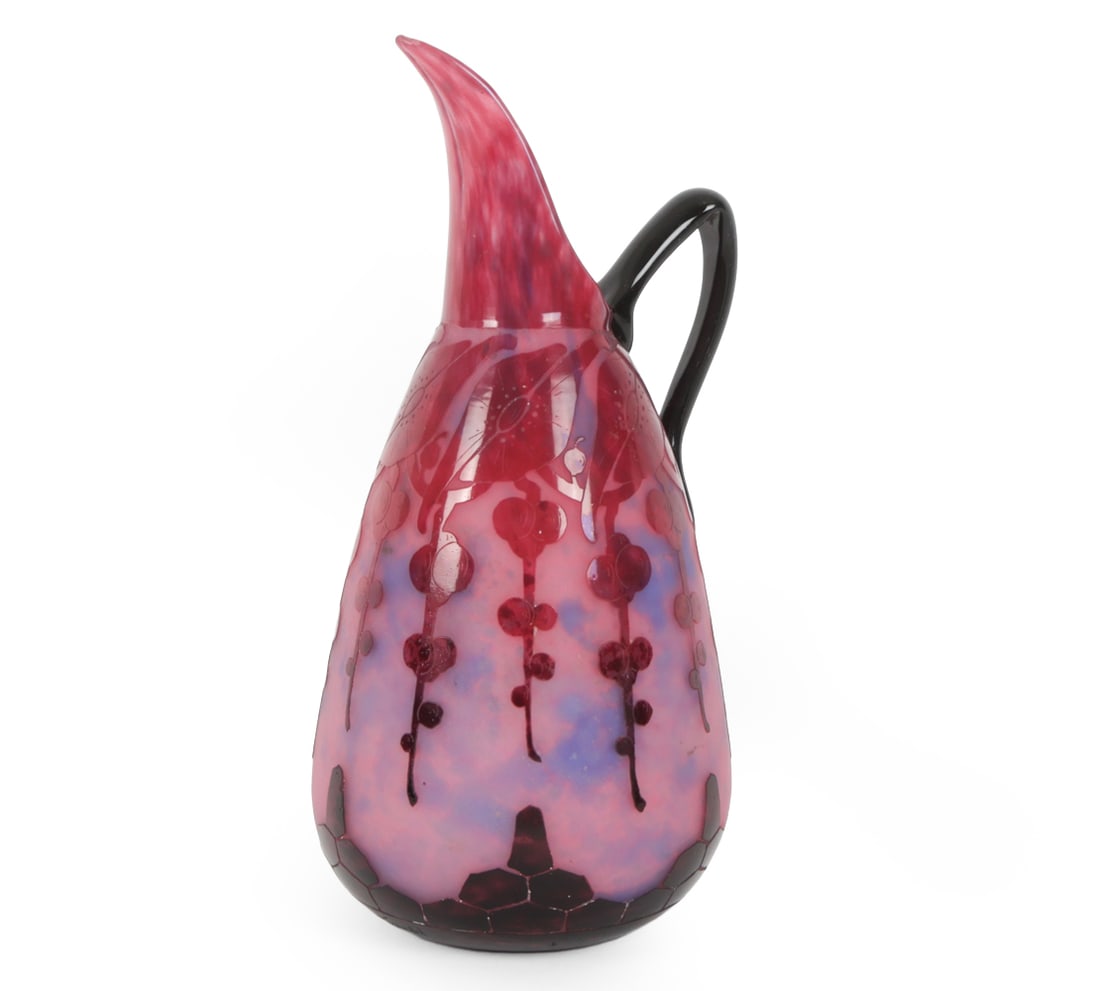 CHARLES SCHNEIDER FOR LE VERRE FRANCAIS GLASS EWER: Charles Schneider (French, 1881-1953) for Le Verre Francais art deco glass pitcher. Motif in shades of mauve, purple, and burgundy with a black handle. Signed "Le Verre Francais" on base. Circa 1920s.