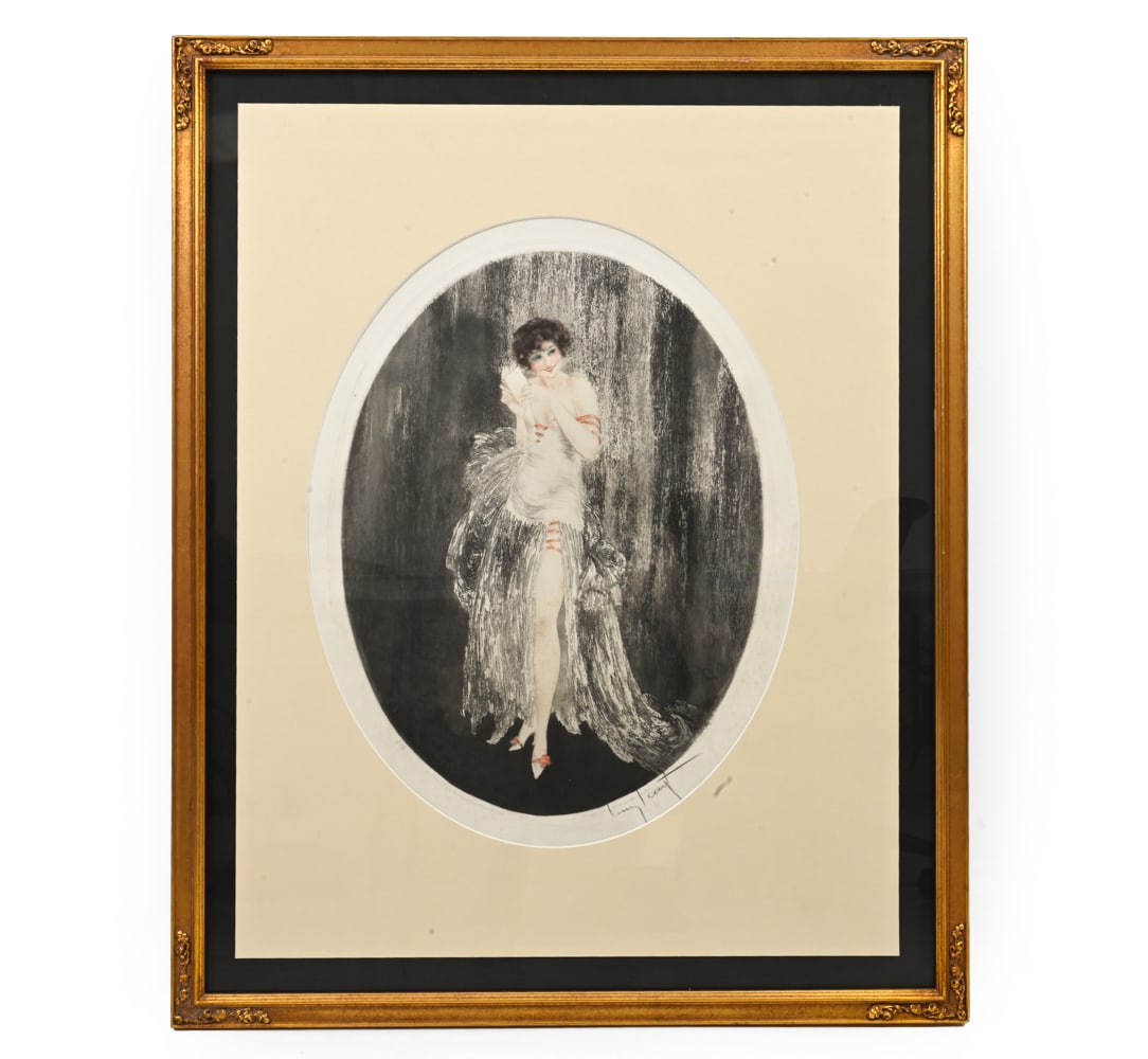 LOUIS ICART (1888-1950) "THE LITTLE BOOK" ETCHING: Etching of French women holding a book by Louis Icart (French, 1888-1950). Framed in carved gilded frame. Signed on lower right hand corner. France, circa 1920s. Provenance: Originally purchased at St