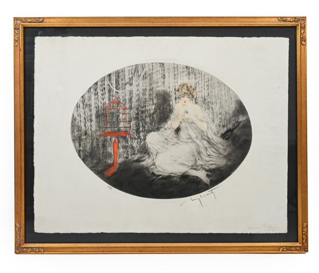 LOUIS ICART (1888-1950) "PREFERRED ONE" ETCHING: Etching of French woman holding a bird by Louis Icart (French, 1888-1950). In carved gilded frame. Signed on lower right corner. France, circa 1920s. Provenance: Originally purchased at Stanton Auctio