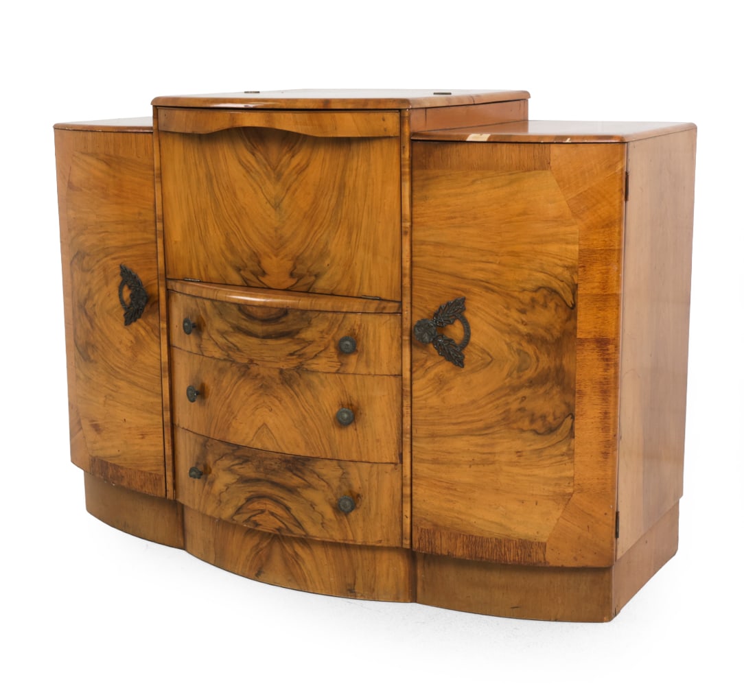 ART DECO BURL WALNUT COCKTAIL BAR CABINET: Marked inside the door, Emanuel furniture. Crafted with burr walnut veneer, featuring two side storage compartments. Circa 1930s. Dimensions: H 39" x W 53" x D 22.5" Condition: Wear consistent with ag