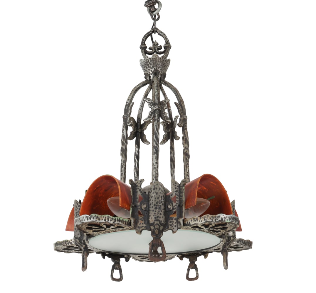 ART DECO IRON CHANDELIER: Iron frame with marble patterned shades, likely molded resin or bakelite, and white glass shade. Dimensions: H 25? x Dia. 15 ? Condition: Scuffs, fleabites, patina and discoloration. Wear consistent w