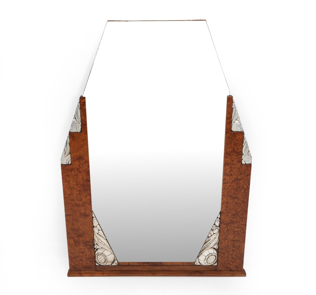 FRENCH ART DECO MIRROR C. 1930S: Amboyna wood frame with silver leaf details. France, circa 1930s. Provenance: Originally purchased at LaRocco Galleries in 2005 for $3,450. Dimensions: H 50 " x W 37.5 " x D 1.5? Condition: Desilverin