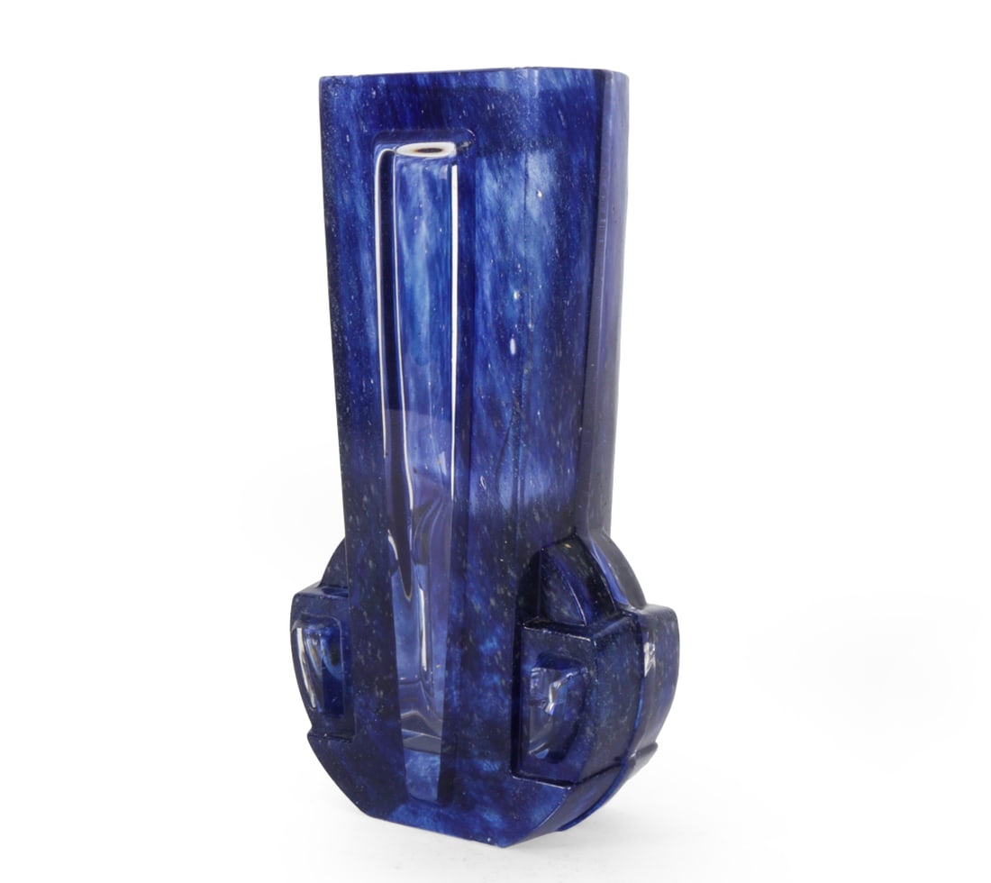 DAUM FRANCE ART DECO GLASS VASE: Blue and clear glass vase by Daum Studio in France. Dimensions: H 11.5" x W 6.5" x D 3.25" Condition: Wear consistent to age and use.
