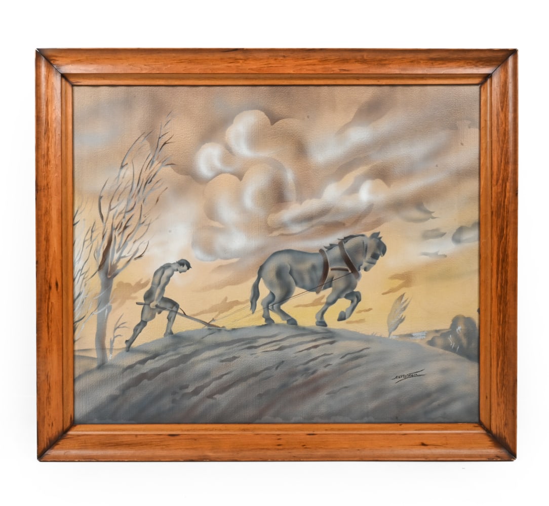 ALEX WITTMAN (AMERICAN) ART DECO AIRBRUSH: Scene of man and plowing horse. Airbrush and watercolor on paper. Signed on bottom right corner. Circa 1950s. Provenance: Originally purchased at Joan Wentz Antiques in 2002 for $450. Dimensions: (Fra
