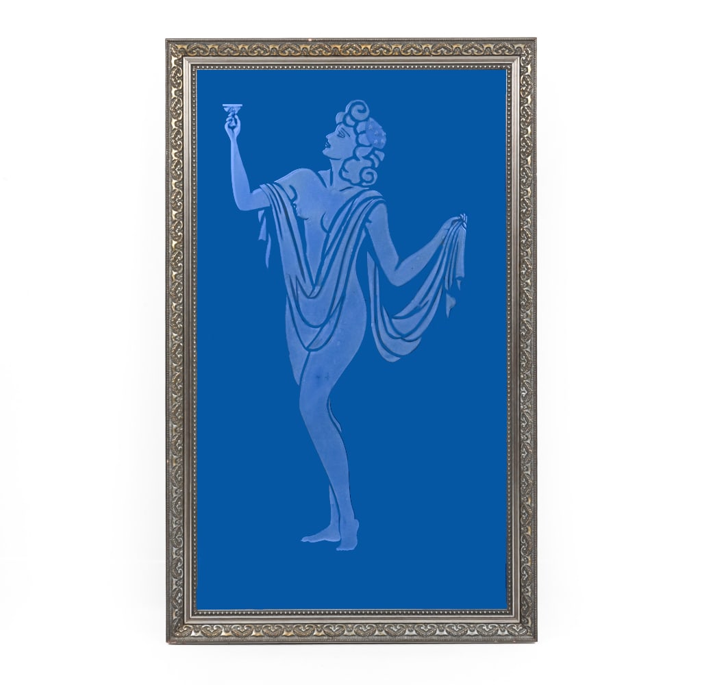 ART DECO ETCHED COBALT BLUE MIRROR: Blue colored mirror with an etched depiction of a woman. Ornate silver-tone composition over wooden frame with molded foliate decoration. Provenance: Originally purchased at Antiquers III in 2000 for 