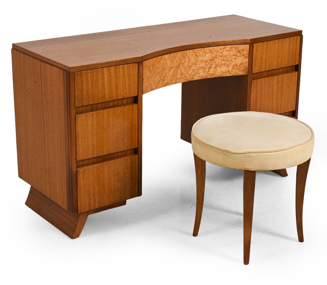 ART DECO R-WAY MAHOGANY VANITY DESK C. 1940S: Vanity in mahogany and curly birds eye maple, accompanied by velour upholstered stool. "Rway Furniture Co. (Northern Furniture Co.)" marked to inside drawer. Circa 1940s. Provenance: Originally purcha