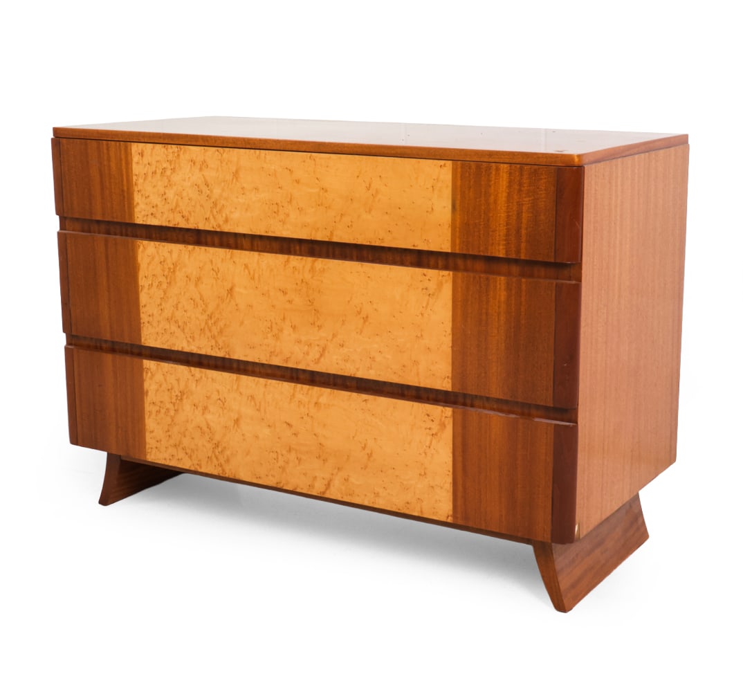ART DECO R-WAY MAHOGANY CHEST OF DRAWERS C. 1940S: Mahogany with birdseye maple inlay chest of drawers with splayed legs. (3) drawers. Jewelry trays in top drawer. "Rway Furniture Co. (Northern Furniture Co.)" marked to inside of top drawer. Circa 194