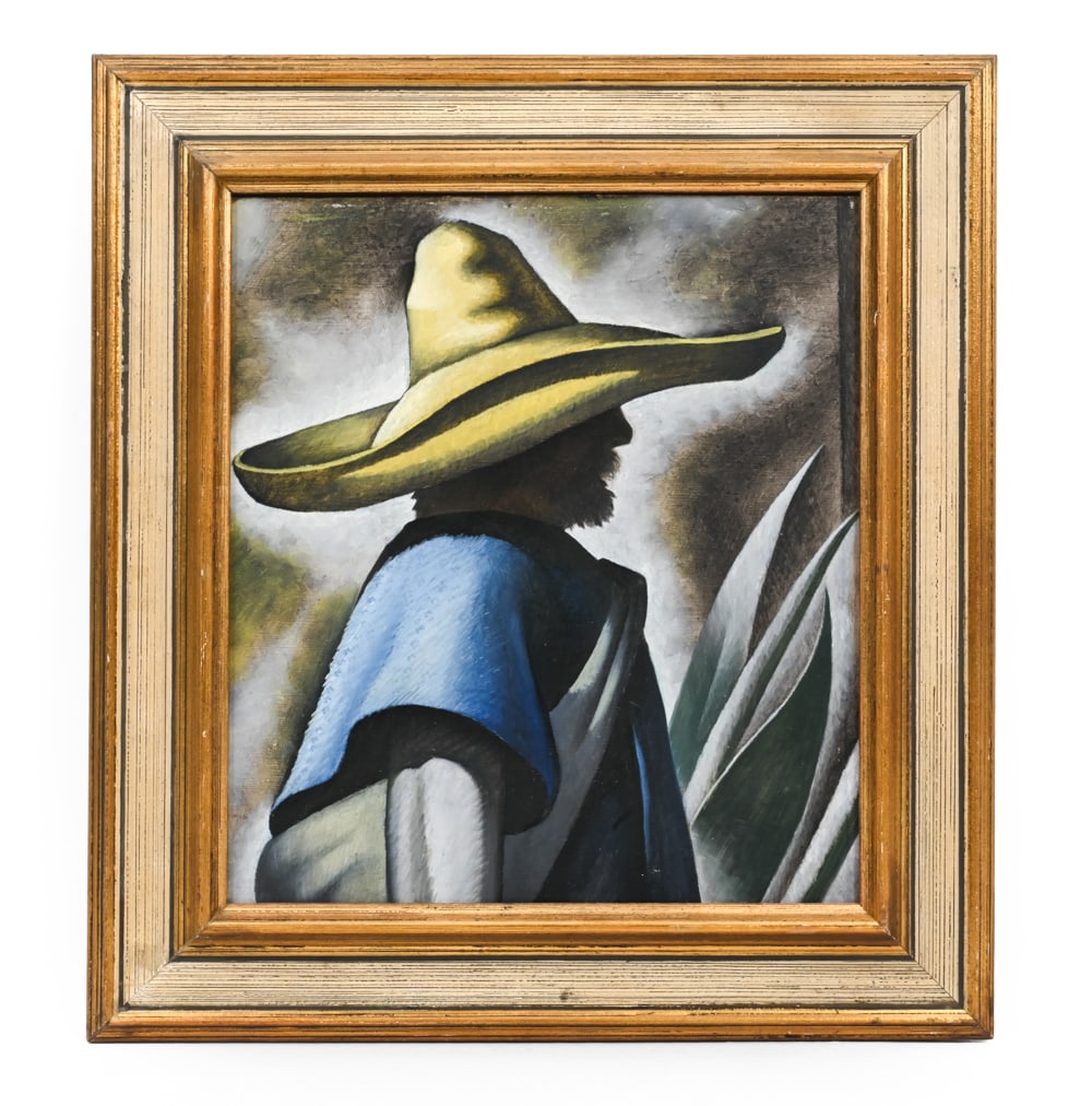 MAN IN SOMBRERO MEXICAN O/B PAINTING: Oil on board framed painting of a man in a sombrero. C. 20th century. Dimensions: (Frame) H 21" x W 19.25" (Sight) H 14.74" x W 13" Condition: Wear consistent with age and use. Nicks to frame. A few s