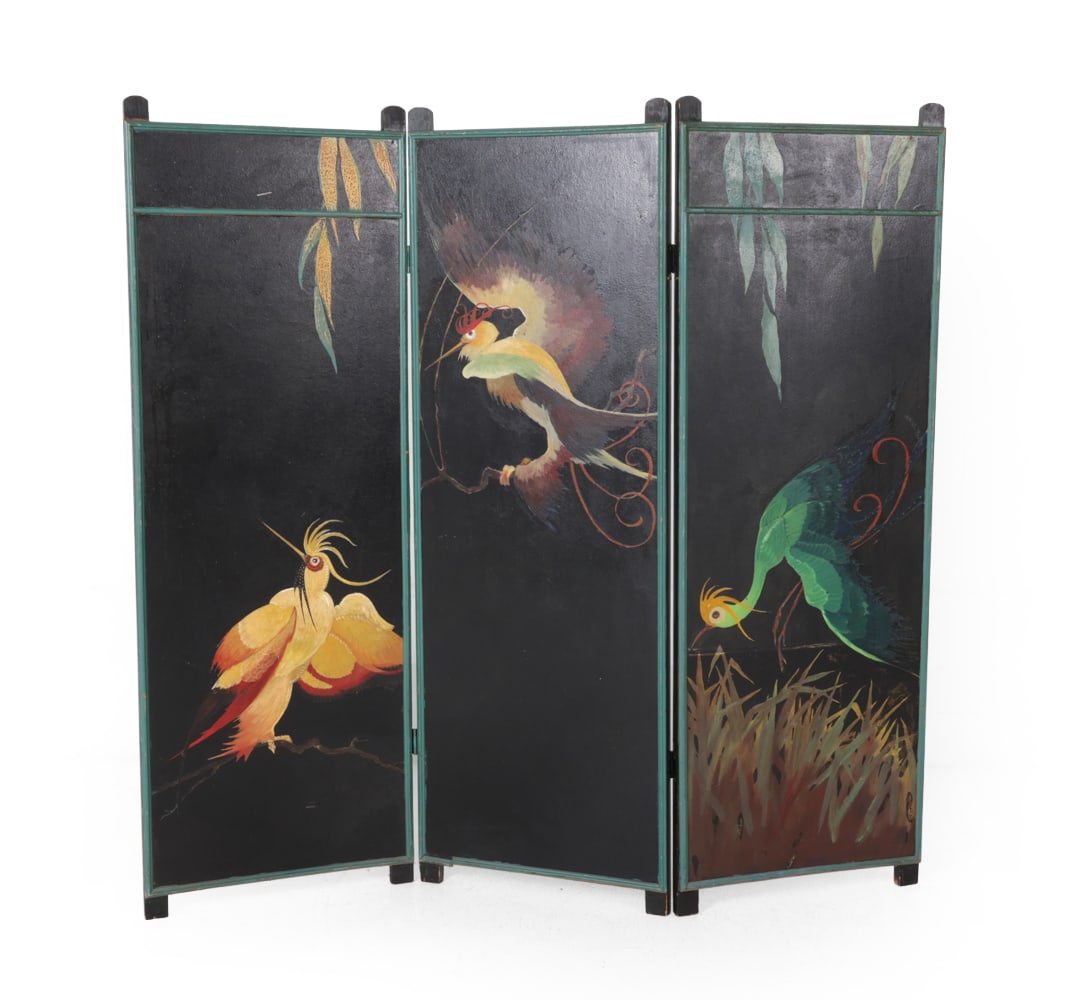 ART DECO PAINTED PRIVACY SCREEN: Hand painted bird and flower design on wooden privacy screen with green backing. Provenance: Originally purchased from Russ Steele in 1994 for $1,250. Dimensions: (Each section) H 58'' x W 19.5" x D 1